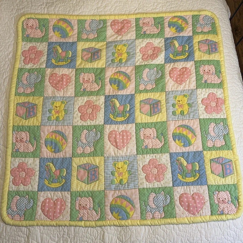 VTG Baby Blanket Pastel Animals Toys Flower Hand Stitched Quilted 80s Nursery